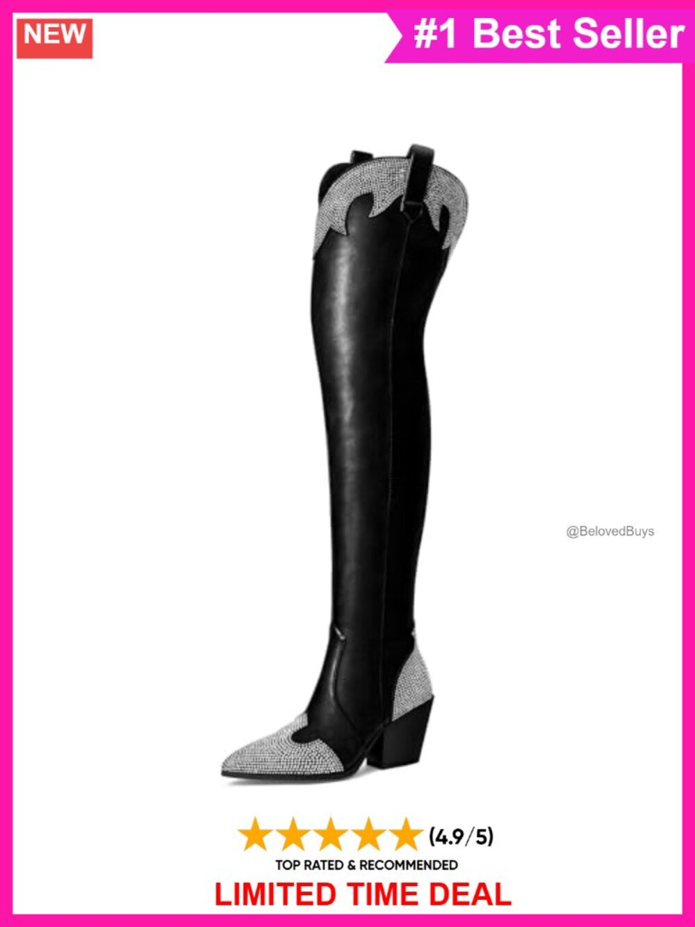 Over the Knee Cowboy Boots Pointed Toe Chunky Heel Rhinestone